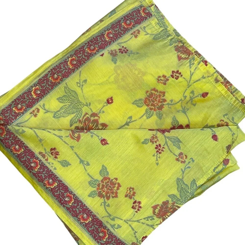 Melange Ethnic Indian Block Print Gold Floral Semi Sheer Tablecloth 95